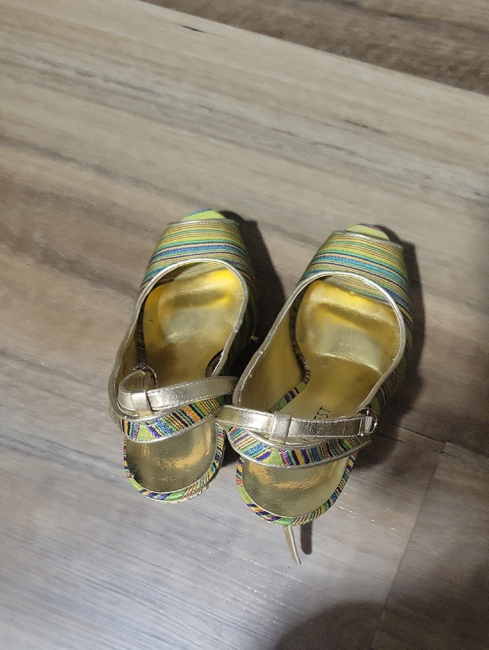 Nine West Gold Peep-Toe Heels with Multicolor Stripes